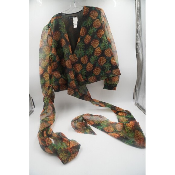 NWT NY& C Pineapple Print Wrap Tropical Blouse Organza V-Neck Puff Sleeve Sz XXL - Picture 1 of 9